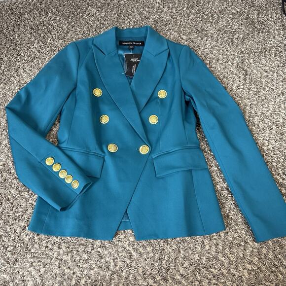 Boston Proper Modern Double Breasted Blazer Size 4 Teal Blue Gold Buttons New - Picture 7 of 9